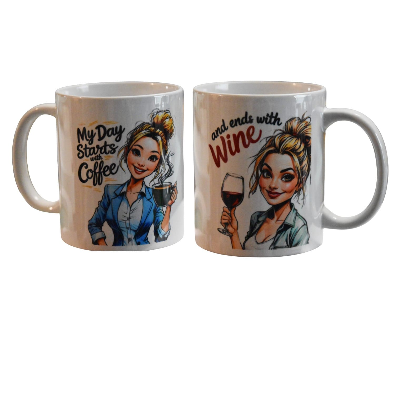 Two mugs with cartoon women and text about coffee and wine.